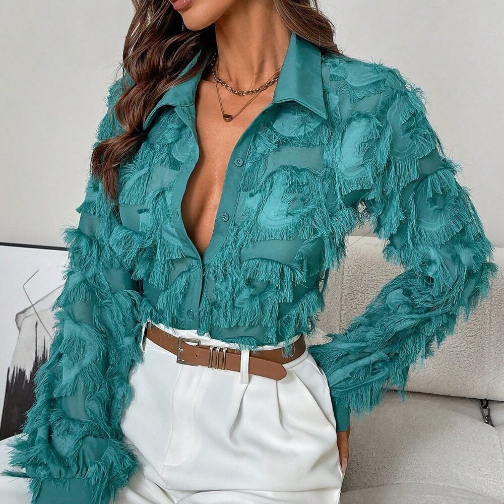 Cadet Blue Casual Women's Vacation Style Fuzzy Trim Long Sleeve Shirt - Picture 6 of 6